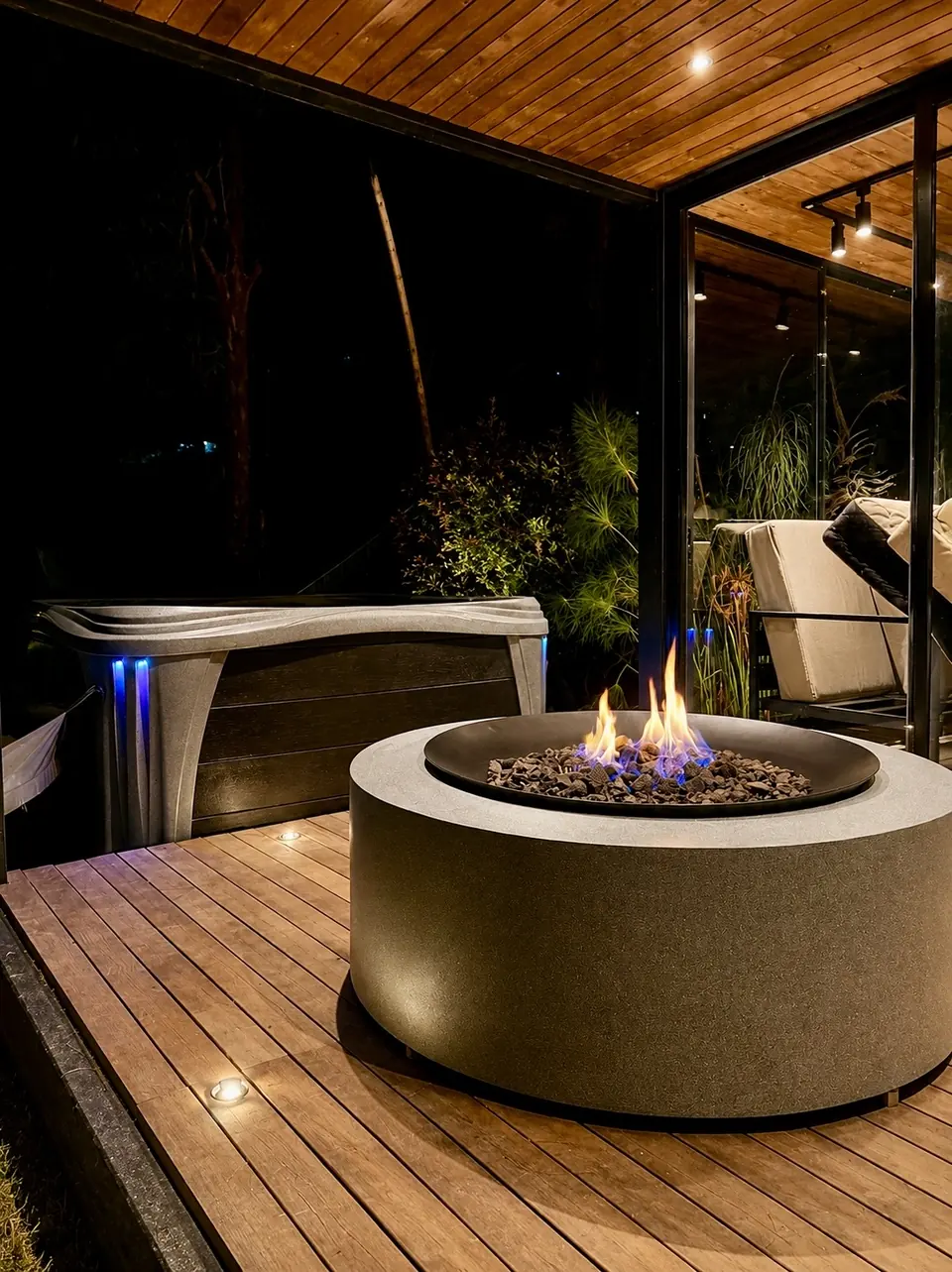 Mesa de fuego circular a gas en terraza