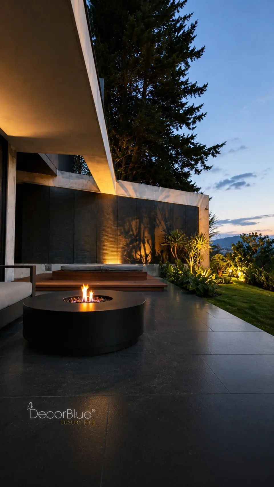 Mesa de fuego circular a gas en terraza